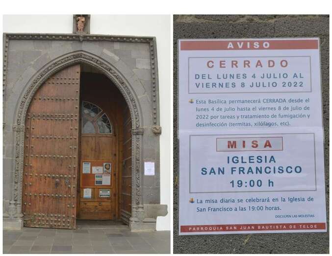 Cartel colocado en la fachada indicando el cierre de la Basílica de Telde/TA.